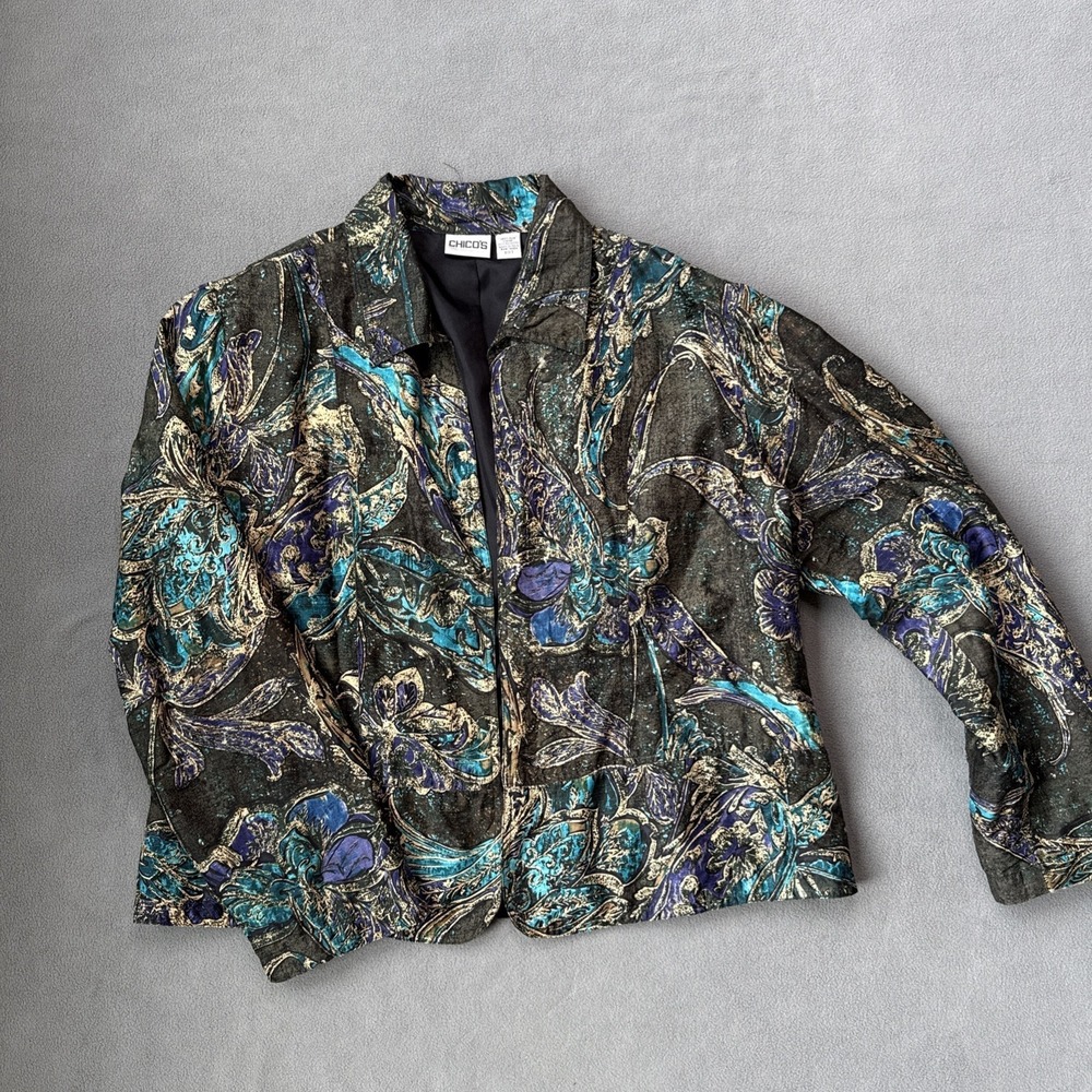 Chicos Jacket Womens 3 Black Multicolor Floral 100% Silk Lined Open Lined Light